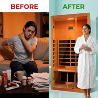 1 Person Extendable FAR Infrared Sauna for Home, Hemlock Wood Low EMF 6 Carbon Heaters Indoor Saunas with LED Lights, Bluetooth Speaker, Digital Control Panel, and Seating Bench — Before & After
