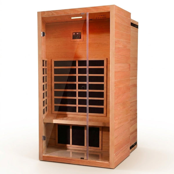 1 Person Extendable FAR Infrared Sauna for Home, Hemlock Wood Low EMF 6 Carbon Heaters Indoor Saunas with LED Lights, Bluetooth Speaker, Digital Control Panel, and Seating Bench — Studio Shot