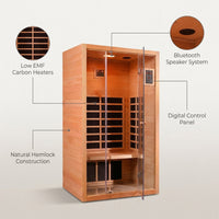 1 Person Extendable FAR Infrared Sauna for Home, Hemlock Wood Low EMF 6 Carbon Heaters Indoor Saunas with LED Lights, Bluetooth Speaker, Digital Control Panel, and Seating Bench — infographic