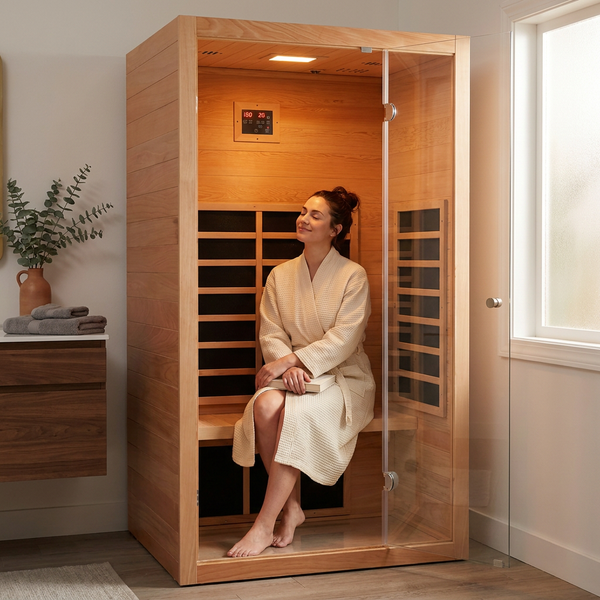 1 Person Extendable FAR Infrared Sauna for Home, Hemlock Wood Low EMF 6 Carbon Heaters Indoor Saunas with LED Lights, Bluetooth Speaker, Digital Control Panel, and Seating Bench