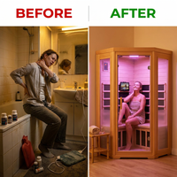 Multifunctional 2-3 Person Infrared Sauna for Home, 2180W Indoor Sauna with 7-Color LED Ambient Light, Red Light Feature, Oxygen Bar, Dual Bluetooth Speakers, 360° Surround Heating — Before & After